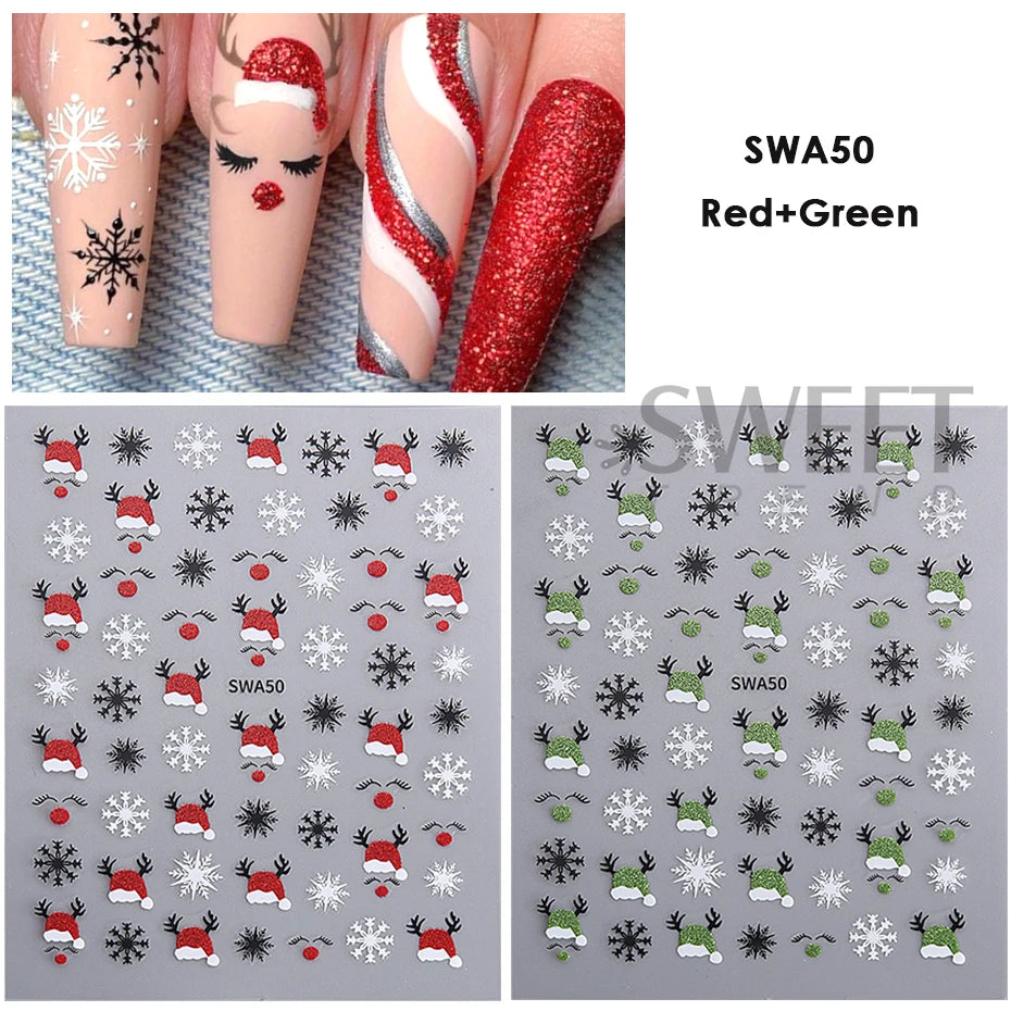 2pcs Gold Silver Christmas 3D Nail Stickers Reflective Glitter Xmas Tree Gingerbread Snowflakes Adhesive Decals Winter Manicure