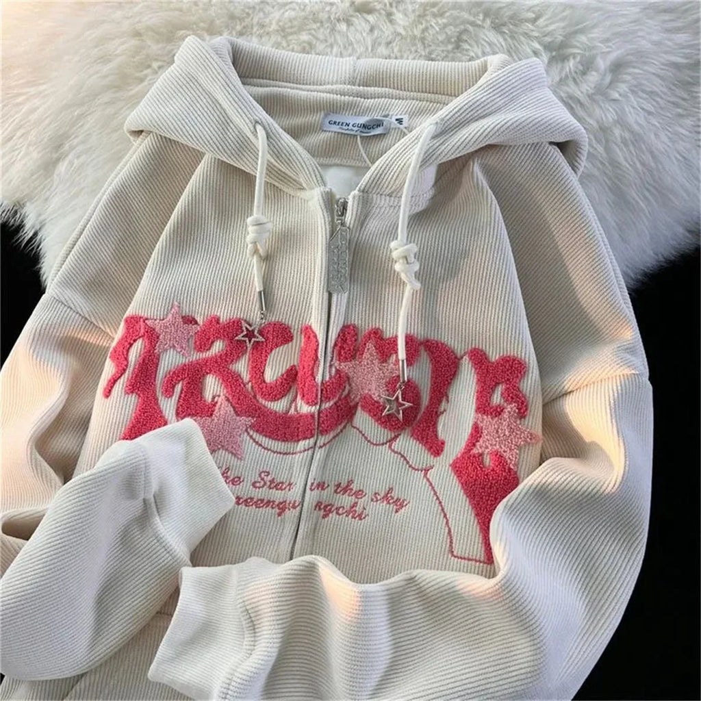 "Y2K Vibes Only: Women’s Embroidered Zipper Hoodie – Y2K Loose Harajuku Sweatshirt