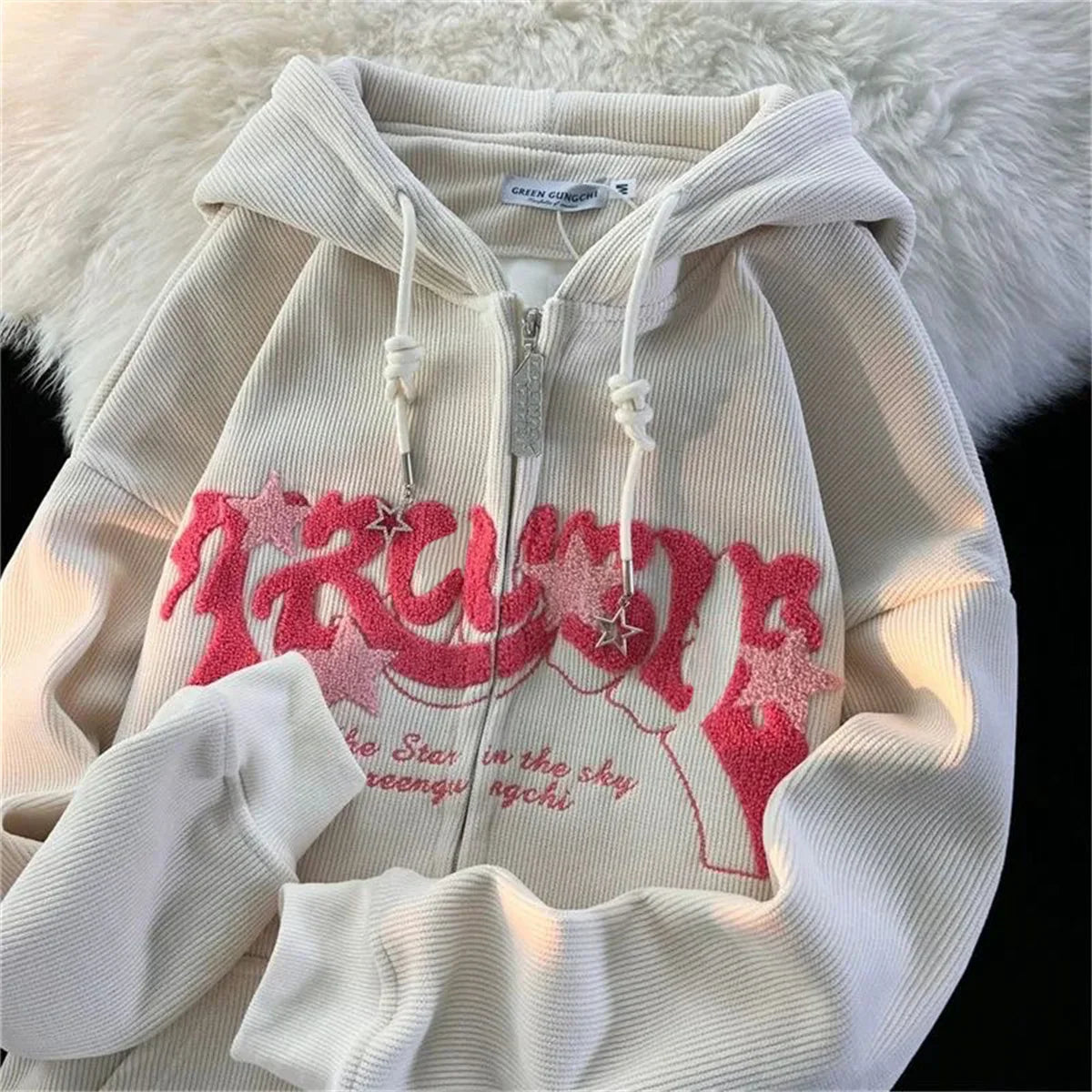 "Y2K Vibes Only: Women’s Embroidered Zipper Hoodie – Y2K Loose Harajuku Sweatshirt