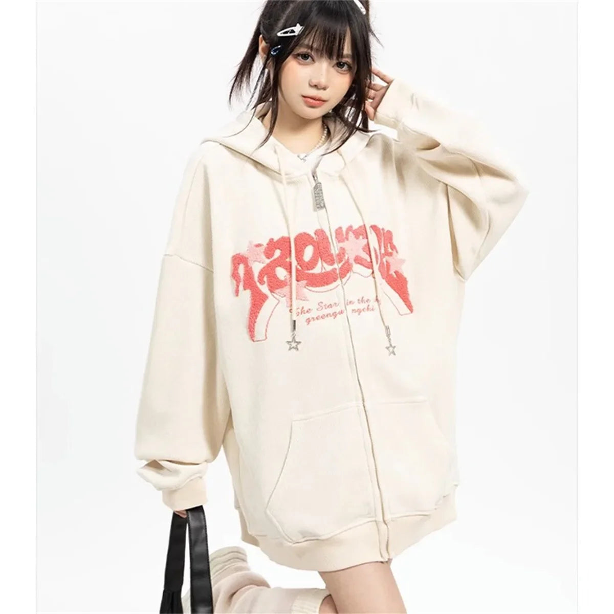 "Y2K Vibes Only: Women’s Embroidered Zipper Hoodie – Y2K Loose Harajuku Sweatshirt