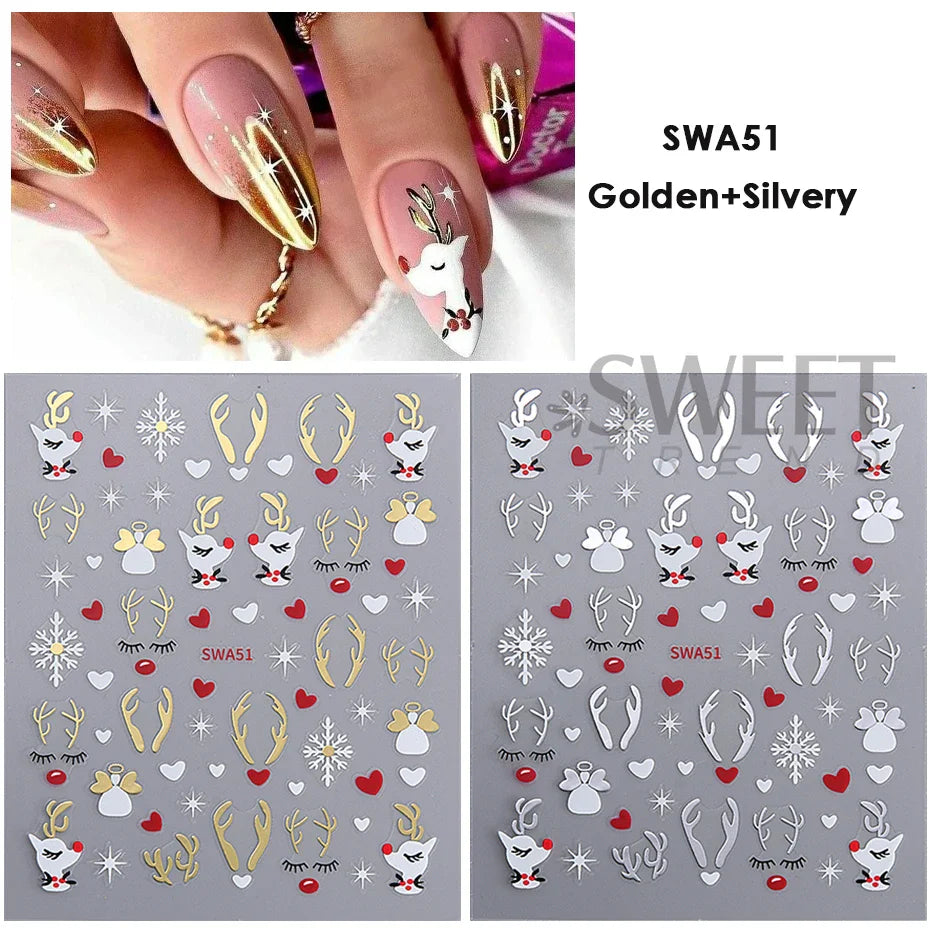 2pcs Gold Silver Christmas 3D Nail Stickers Reflective Glitter Xmas Tree Gingerbread Snowflakes Adhesive Decals Winter Manicure