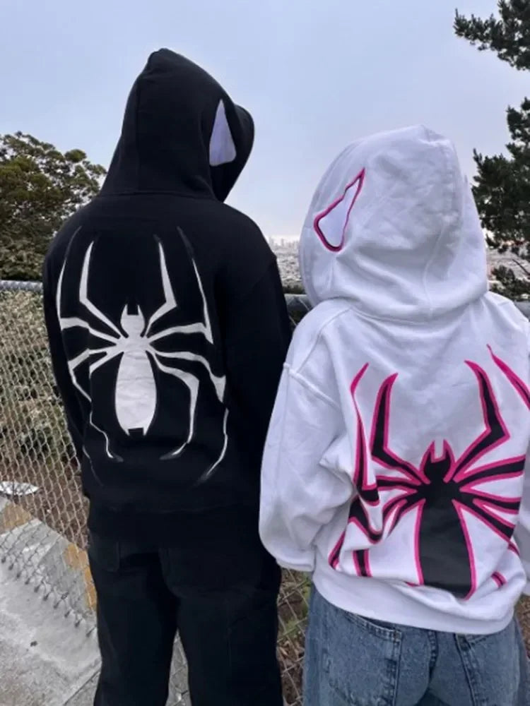 Spider Print Silk Hoodie with Wool Liner – Casual Winter Fashion Unisex