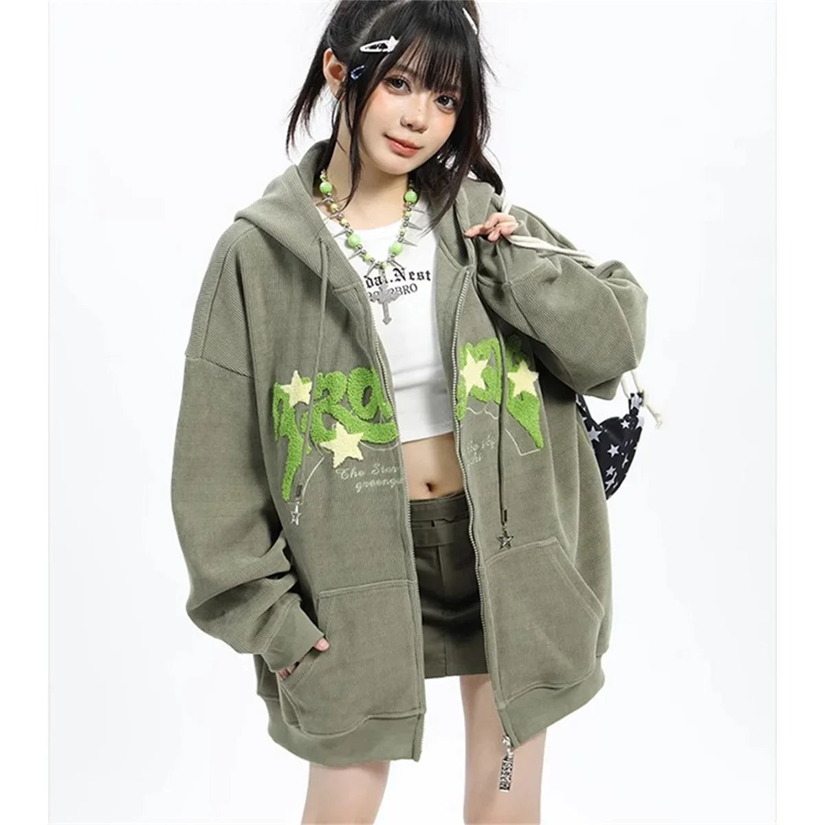 "Y2K Vibes Only: Women’s Embroidered Zipper Hoodie – Y2K Loose Harajuku Sweatshirt