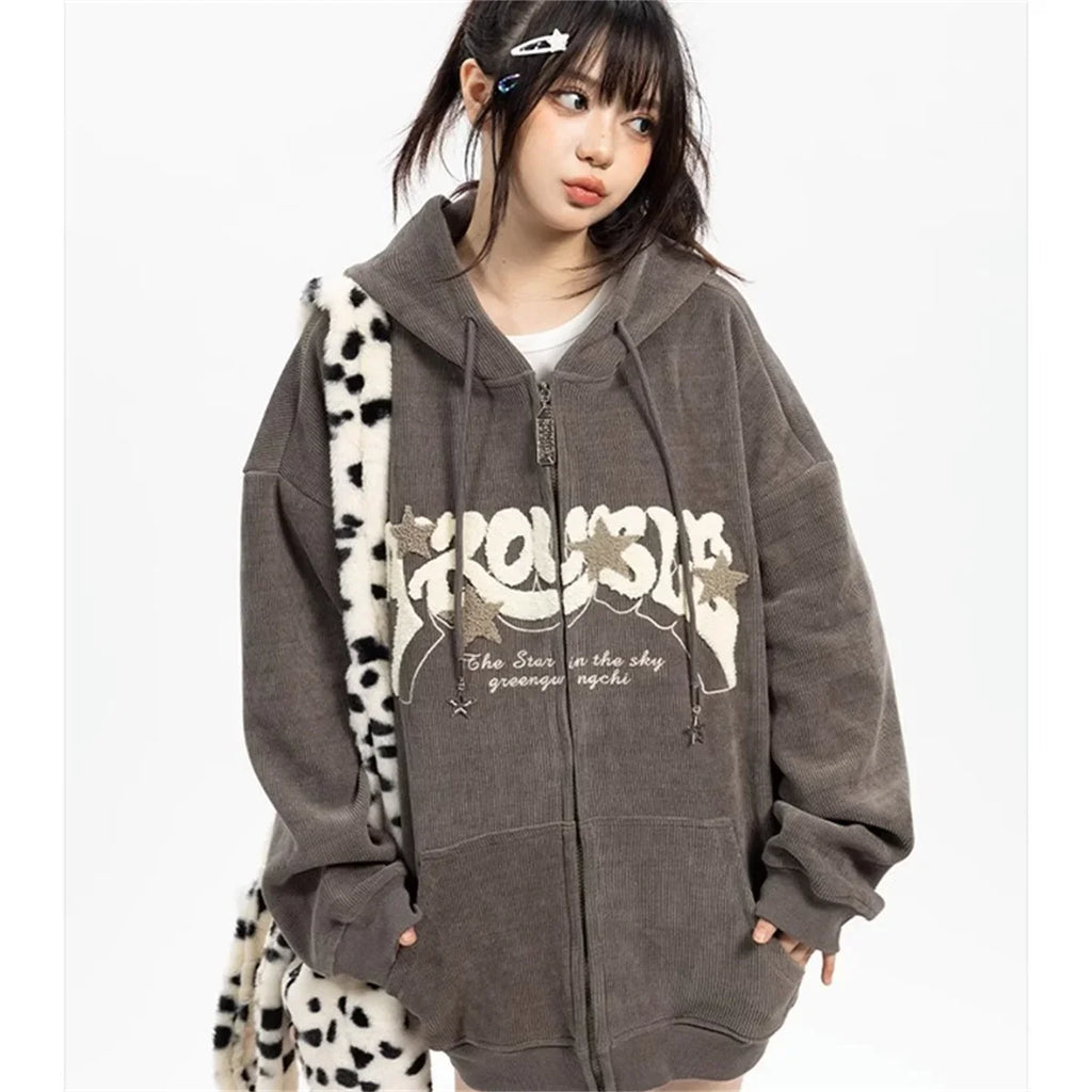 "Y2K Vibes Only: Women’s Embroidered Zipper Hoodie – Y2K Loose Harajuku Sweatshirt