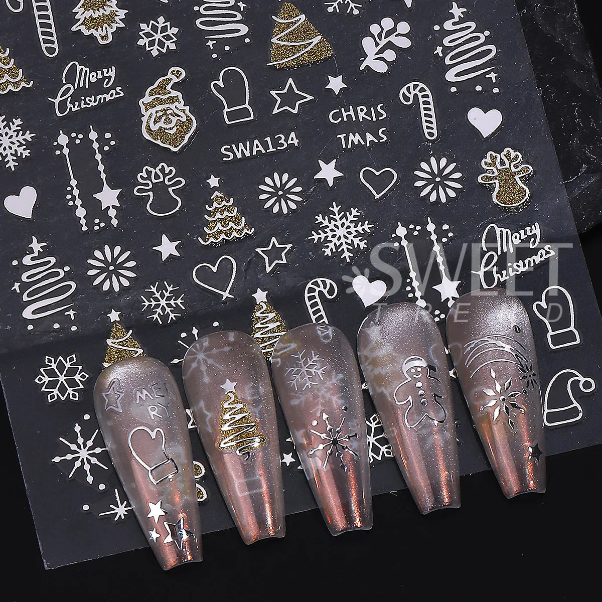 2pcs Gold Silver Christmas 3D Nail Stickers Reflective Glitter Xmas Tree Gingerbread Snowflakes Adhesive Decals Winter Manicure