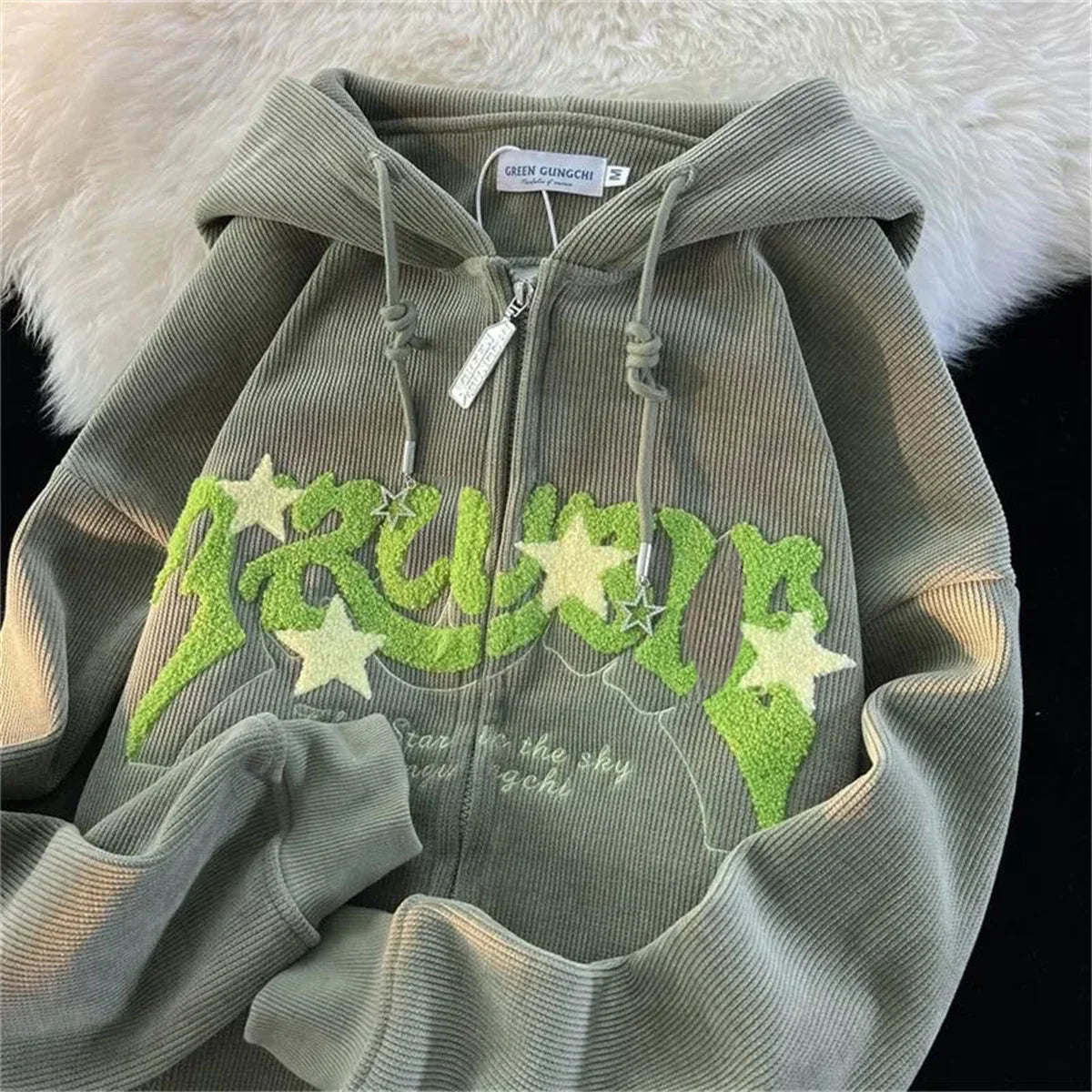 "Y2K Vibes Only: Women’s Embroidered Zipper Hoodie – Y2K Loose Harajuku Sweatshirt