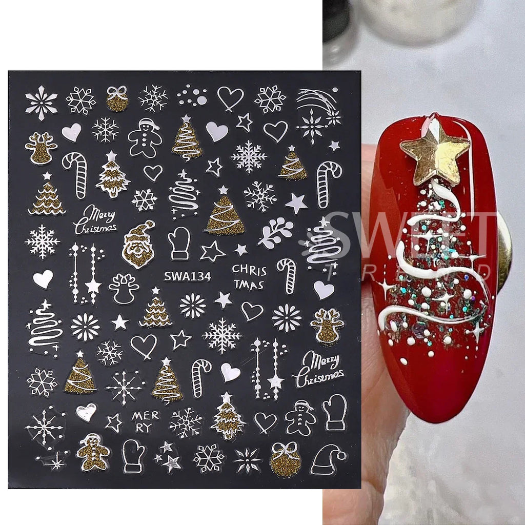 2pcs Gold Silver Christmas 3D Nail Stickers Reflective Glitter Xmas Tree Gingerbread Snowflakes Adhesive Decals Winter Manicure