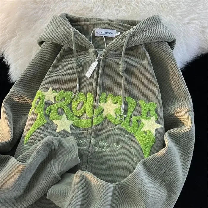 "Y2K Vibes Only: Women’s Embroidered Zipper Hoodie – Y2K Loose Harajuku Sweatshirt