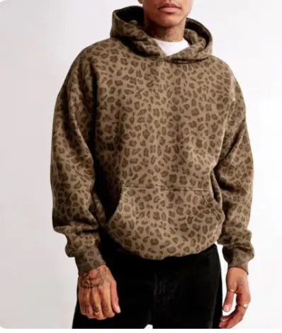 Vintage Leopard Print Oversized Fleece Hoodie