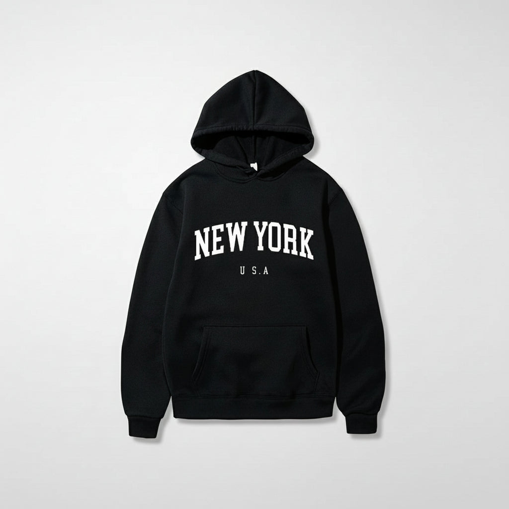 Black hoodie with 'New York U.S.A.' text on a white background